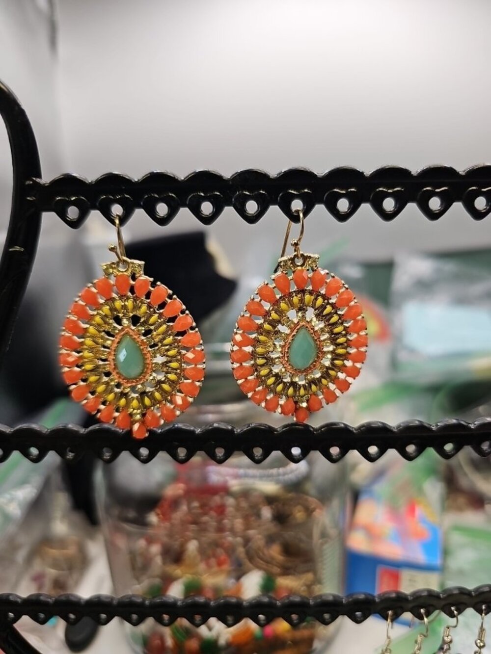 Earrings Pierced Dangle French Wire  Gold-tone  Orange  Yellow  Blue Resin Beads